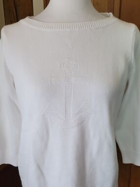 TALBOTS PETITE White Preppy Coastal Anchor Cotton Knit Sweater, Bracelet Sleeves